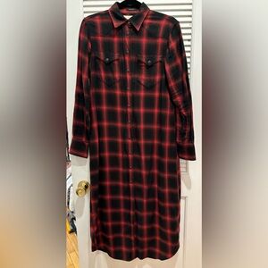 R13 Long Cowboy Shirt Dress Buffalo red and black plaid size M